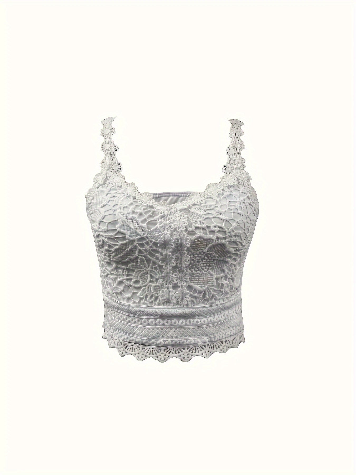 Elegant White Lace Women's Tank Top - V-Neck, Sleeveless, Semi-Sheer Polyester Blend with Delicate Floral Patterns, Perfect for Casual Wear - Machine Washable